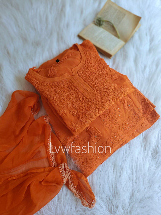 Beautiful lightweight Georgette Gharara set by LVW Fashion with intricate Chikankari embroidery, featuring a premium Pazeb design.