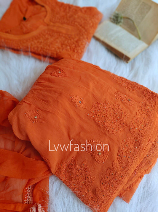 Beautiful lightweight Georgette Gharara set by LVW Fashion with intricate Chikankari embroidery, in a stylish Pazeb design.
