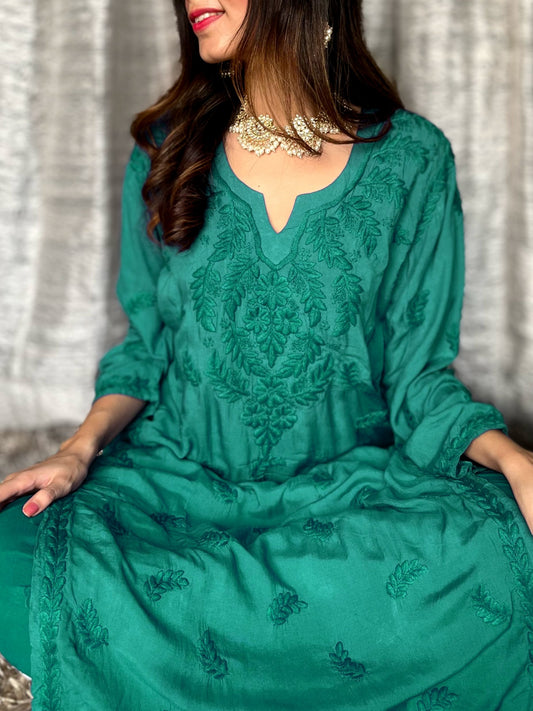 Luxurious Pazeb Castleton Green soft rayon set by LVW Fashion with intricate Chikankari embroidery, casual and elegant style.