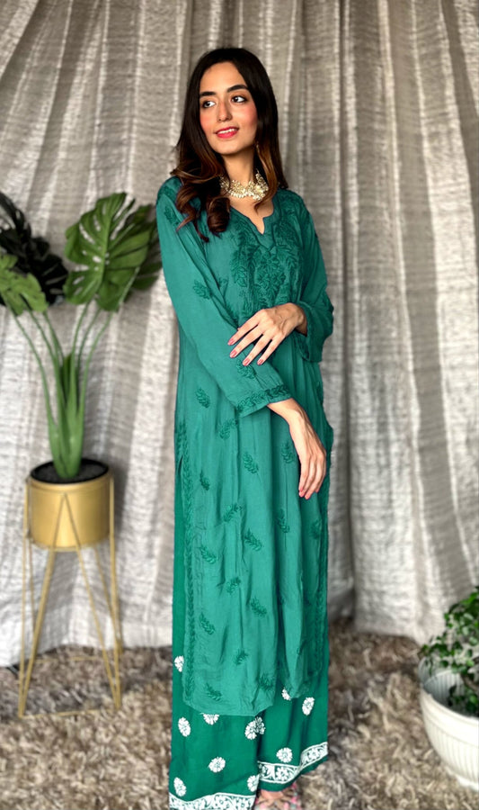 Green Pazeb Castleton soft rayon set by LVW Fashion Luxurious Chikankari, featuring intricate embroidery and a comfortable fit.