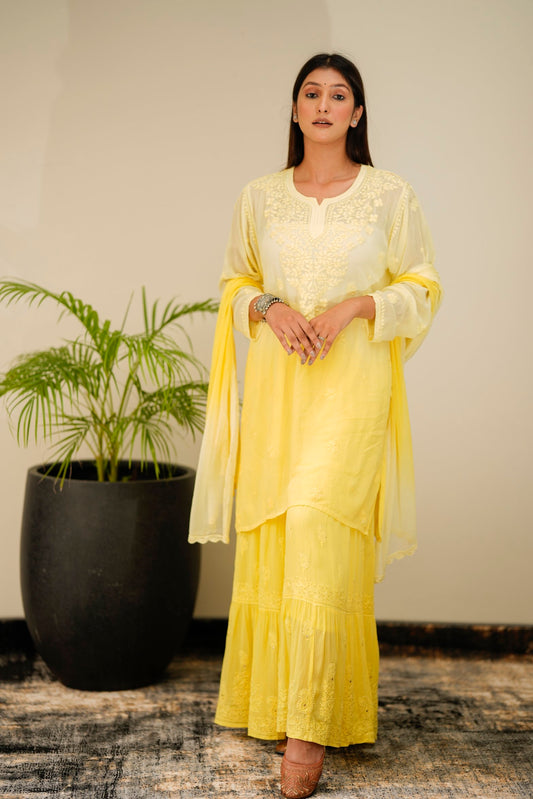 LVW Fashion luxurious Chikankari Pazeb Gharara set in premium georgette with intricate embroidery, showcasing traditional craftsmanship.
