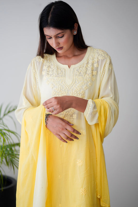 LVW Fashion luxurious Chikankari Pazeb Gharara set in premium georgette, featuring intricate hand embroidery and traditional design.