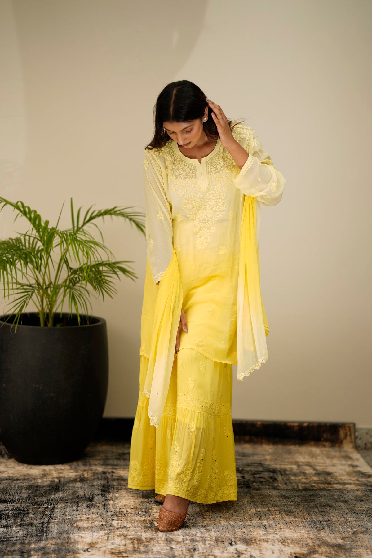 LVW Fashion luxurious Chikankari Pazeb Gharara set in premium georgette with intricate embroidery, styled for elegant traditional wear.