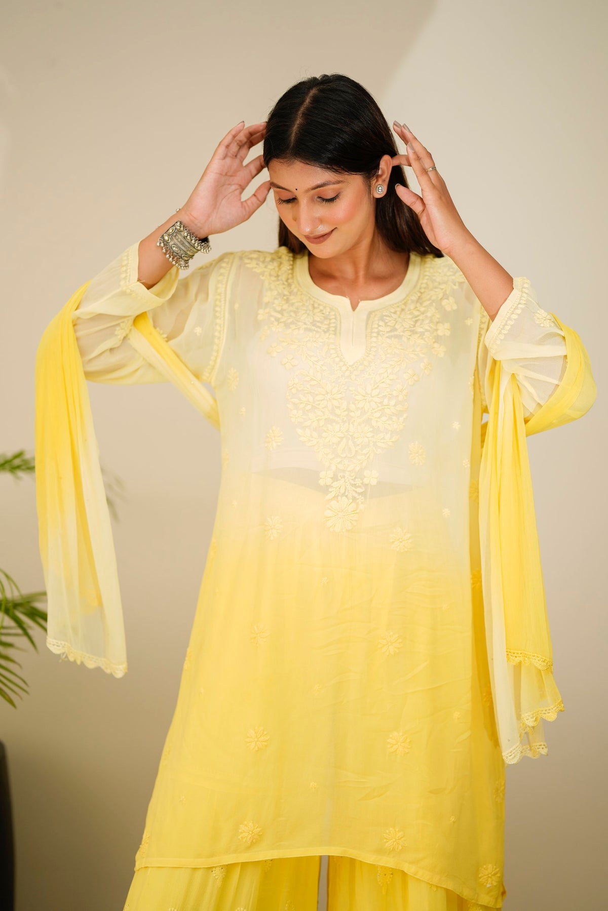 LVW Fashion luxurious Chikankari Pazeb Gharara set in premium georgette with intricate hand embroidery, showcasing traditional elegance.