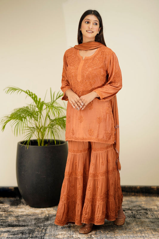 LVW Fashion luxurious Chikankari Pazeb Muslin Silk Gharara Set with shining embroidery, traditional Indian ethnic wear, front view.