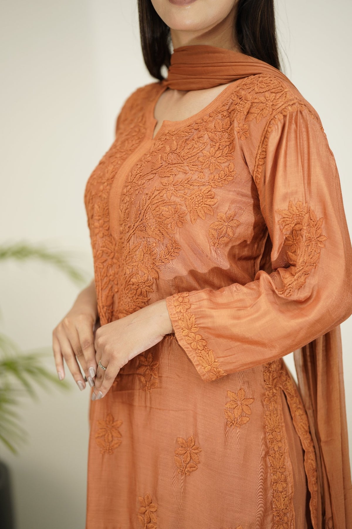 Luxurious Pazeb Muslin Silk Gharara Set with shining Chikankari embroidery by LVW Fashion, featuring intricate hand-stitched detailing.