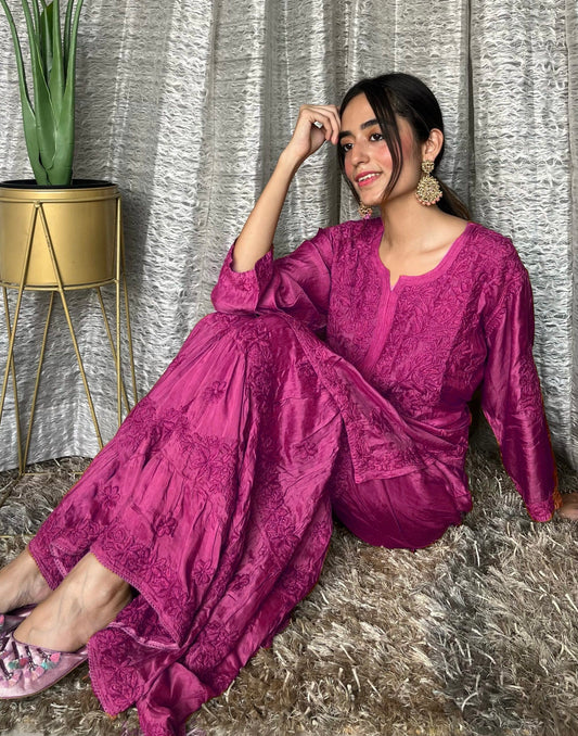 Pink Pazeb Premium Muslin Chikankari Gharara Set by LVW Fashion featuring intricate hand-embroidered chikankari design.
