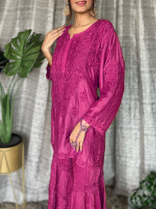 Pink Pazeb Premium Muslin Chikankari Gharara Set by LVW Fashion featuring intricate embroidery and traditional Indian style.
