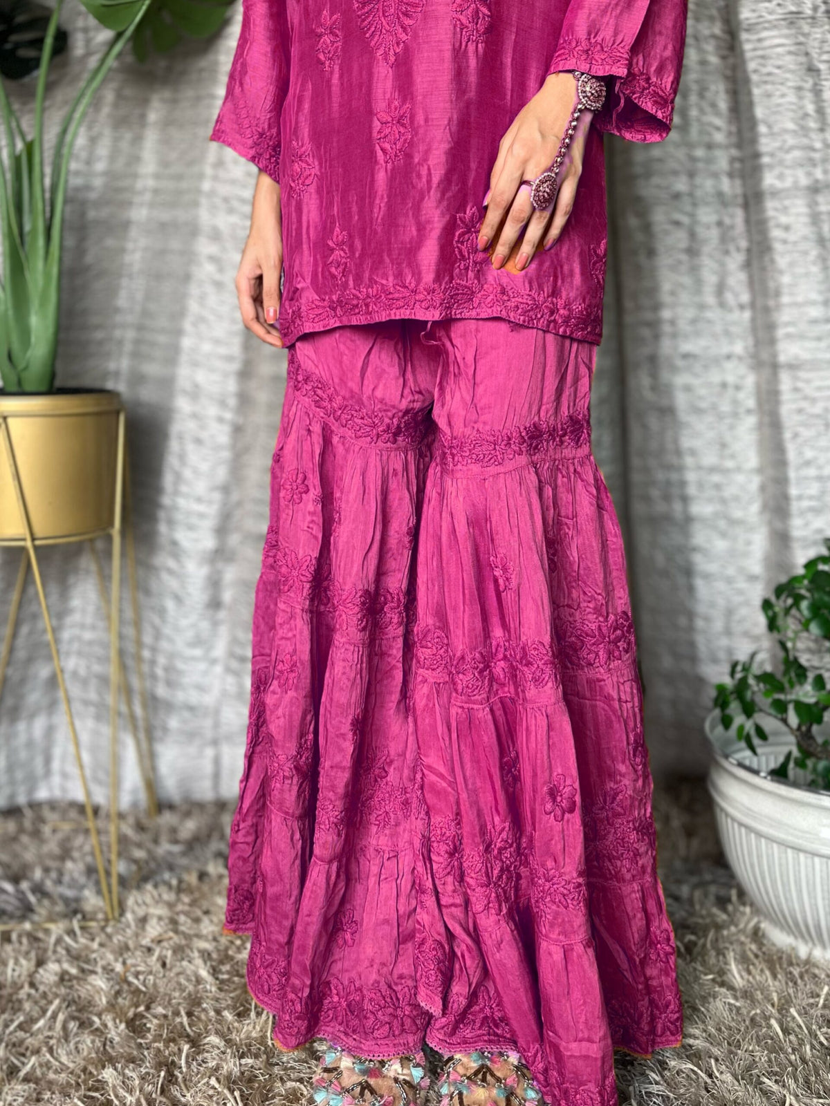 Pink Pazeb Premium Muslin Chikankari Gharara Set by LVW Fashion, featuring intricate hand-embroidery and traditional style.