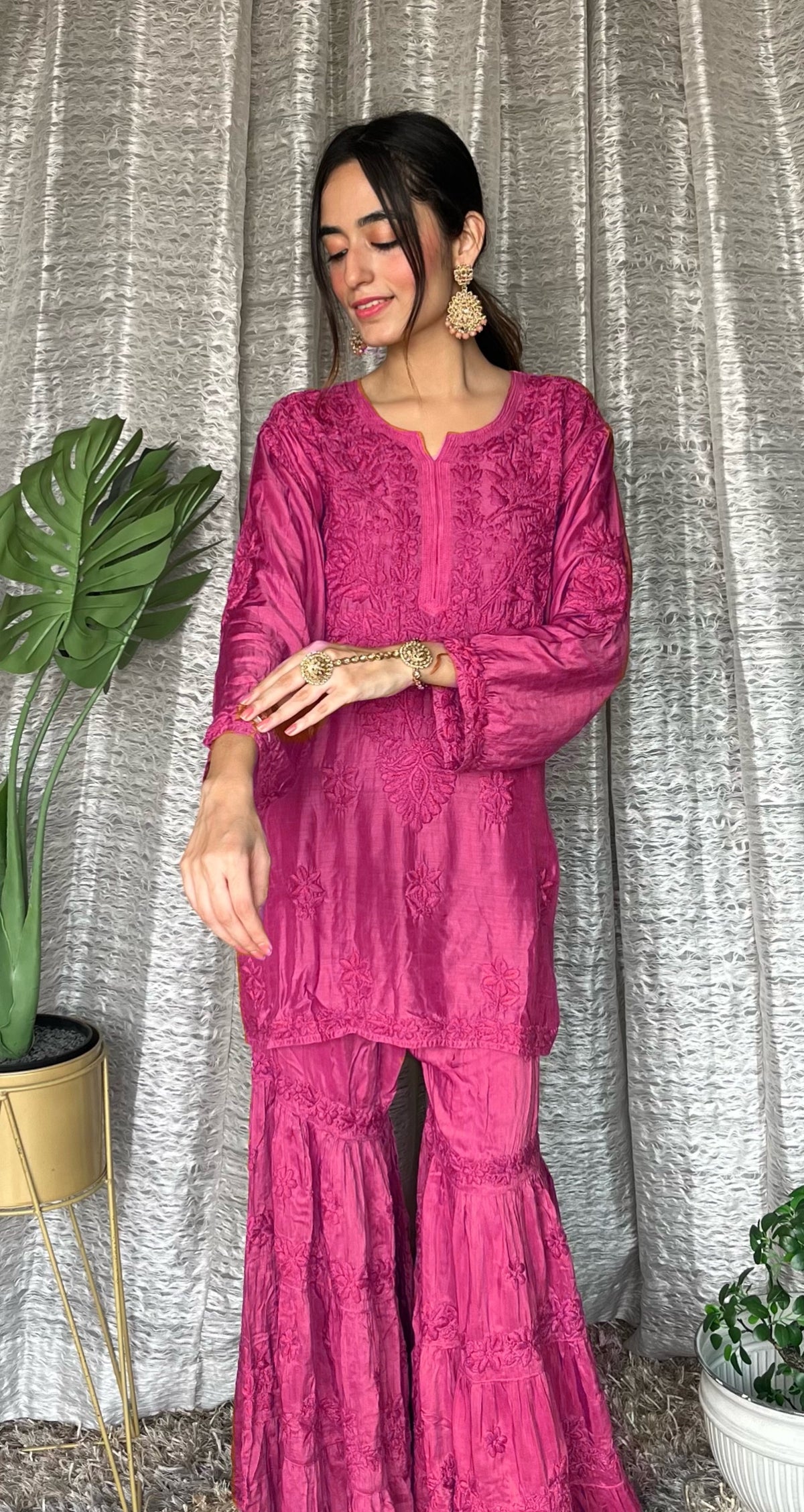 Pink Pazeb premium muslin Gharara set with intricate Chikankari embroidery, designed by LVW Fashion Luxurious Chikankari.