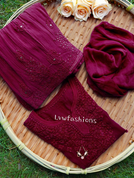 LVW Fashion luxurious georgette Chikankari Gharara Kurti set with intricate embroidery and traditional style, perfect for festive wear.