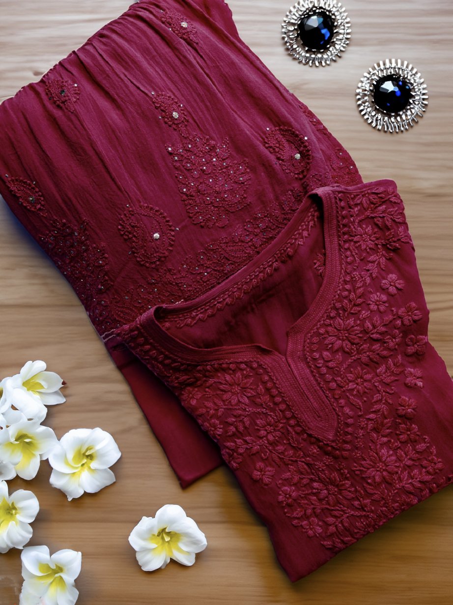 LVW Fashion luxurious Chikankari Pazeb Premium Georgette Gharara Kurti Set, intricate embroidery, traditional Indian attire.