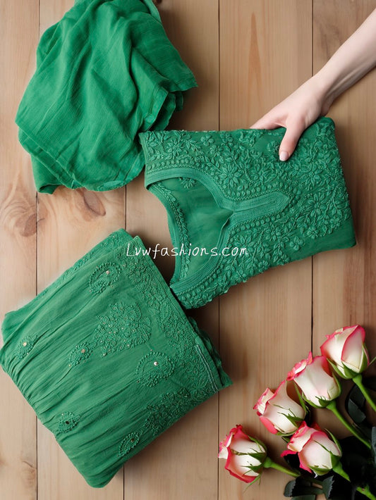 Green georgette Gharara Kurti set with intricate white Chikankari embroidery from LVW Fashion, featuring a traditional Pakistani design.