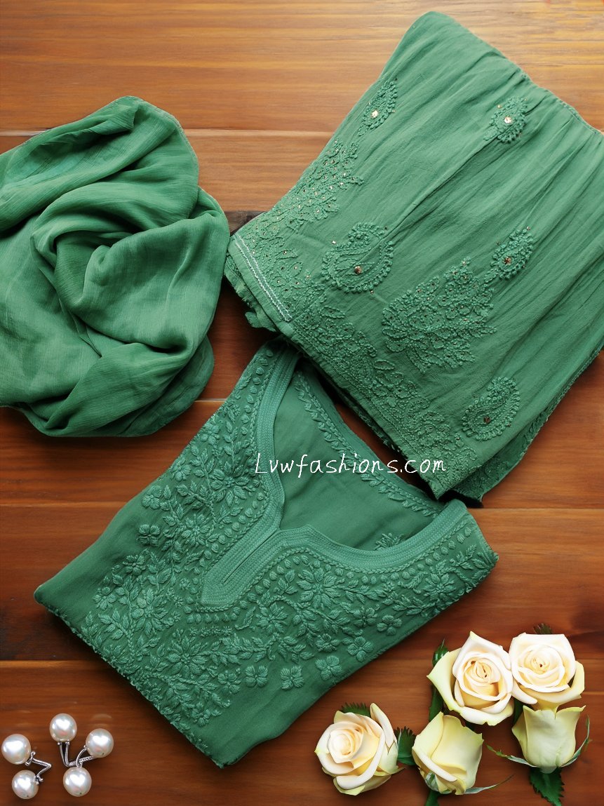 Green georgette Gharara Kurti set with intricate chikankari embroidery by LVW Fashion, featuring a matching kurti and dupatta.