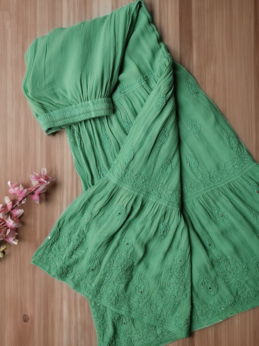 Green Georgette Gharara Kurti set with intricate Chikankari embroidery by LVW Fashion, featuring a traditional Pakistani design.