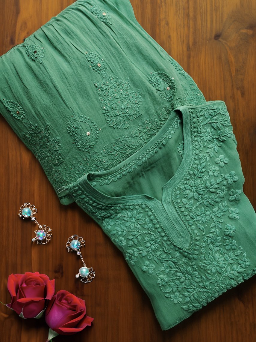 Green Georgette Gharara Kurti set with intricate Chikankari embroidery by LVW Fashion, featuring a matching kurti and gharara.