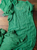 Green Georgette Gharara Kurti set with intricate Chikankari embroidery by LVW Fashion, featuring a traditional Indian design.