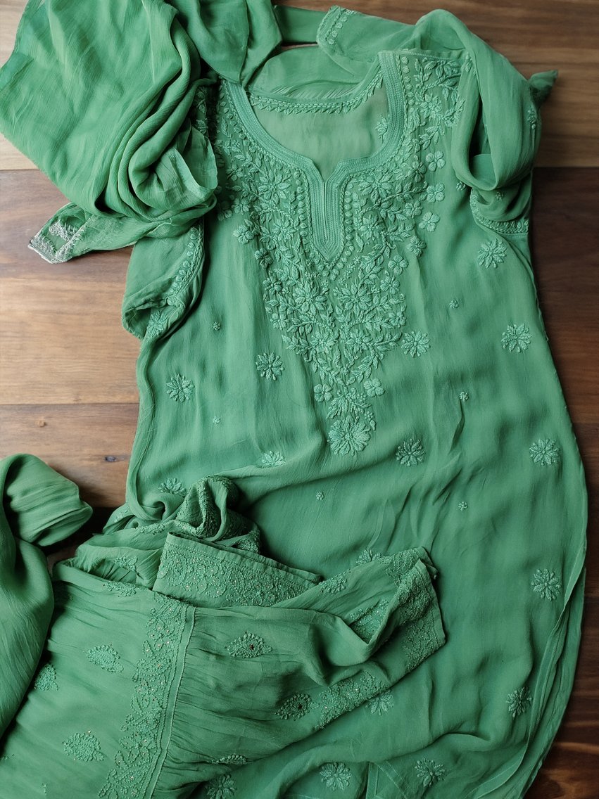 Green Georgette Gharara Kurti set with intricate Chikankari embroidery by LVW Fashion, featuring a traditional Indian design.