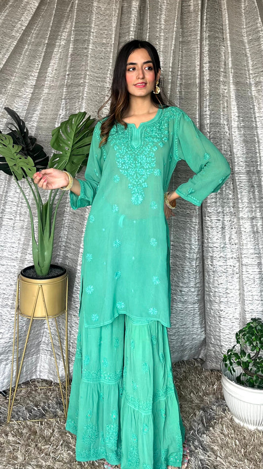 LVW Fashion Luxurious Chikankari Pazeb premium georgette shot top and gharara set featuring intricate embroidery and vibrant fabric.