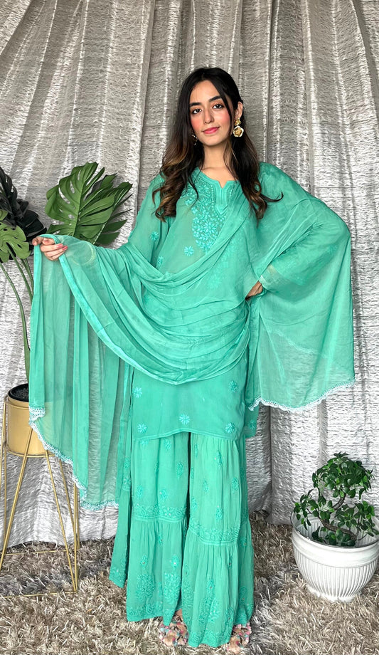 LVW Fashion luxurious Chikankari Pazeb premium georgette shot top and Gharara set, elegant traditional Indian attire.