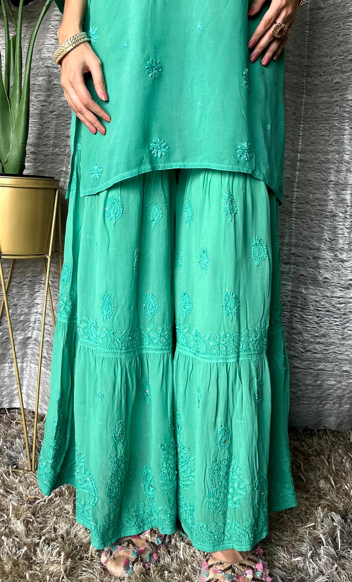 Luxurious Pazeb Premium Georgette Shot Top Gharara Set by LVW Fashion with intricate chikankari embroidery, soft fabric, elegant design