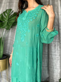 Luxurious Pazeb premium georgette shot top and Gharara set by LVW Fashion with intricate Chikankari embroidery.