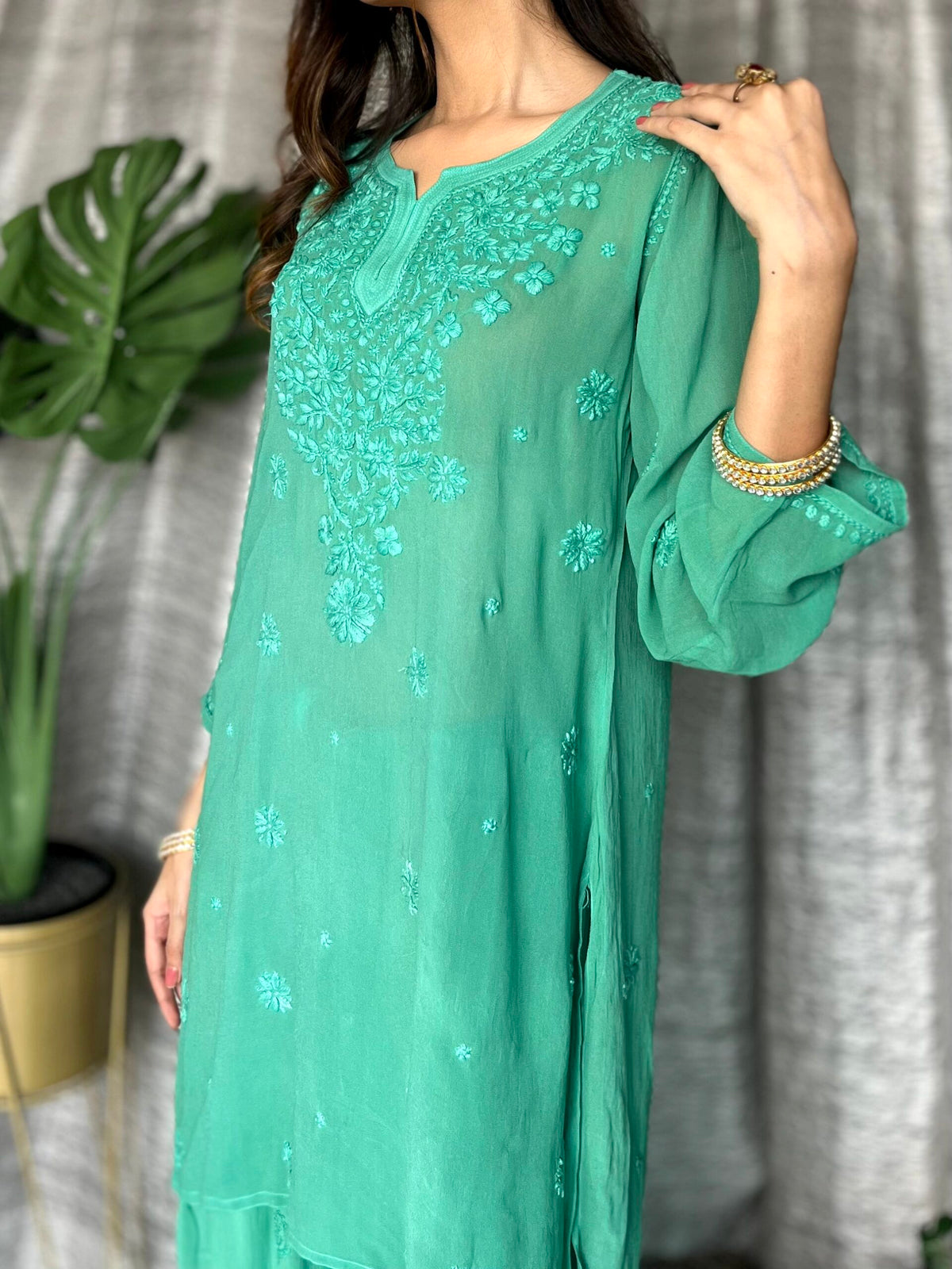 Luxurious Pazeb premium georgette shot top and Gharara set by LVW Fashion with intricate Chikankari embroidery.