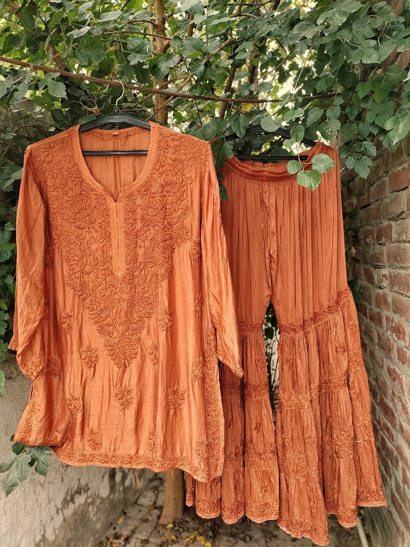 Luxurious Chikankari Pazeb Premium Muslin Gharara Set by LVW Fashion featuring intricate embroidery and elegant design.
