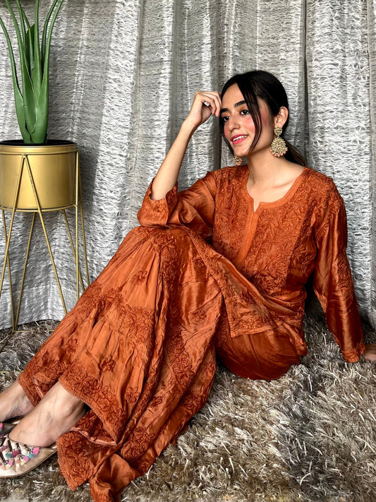 LVW Fashion Luxurious Chikankari Pazeb premium silk muslin Gharara set with intricate embroidery and traditional design.