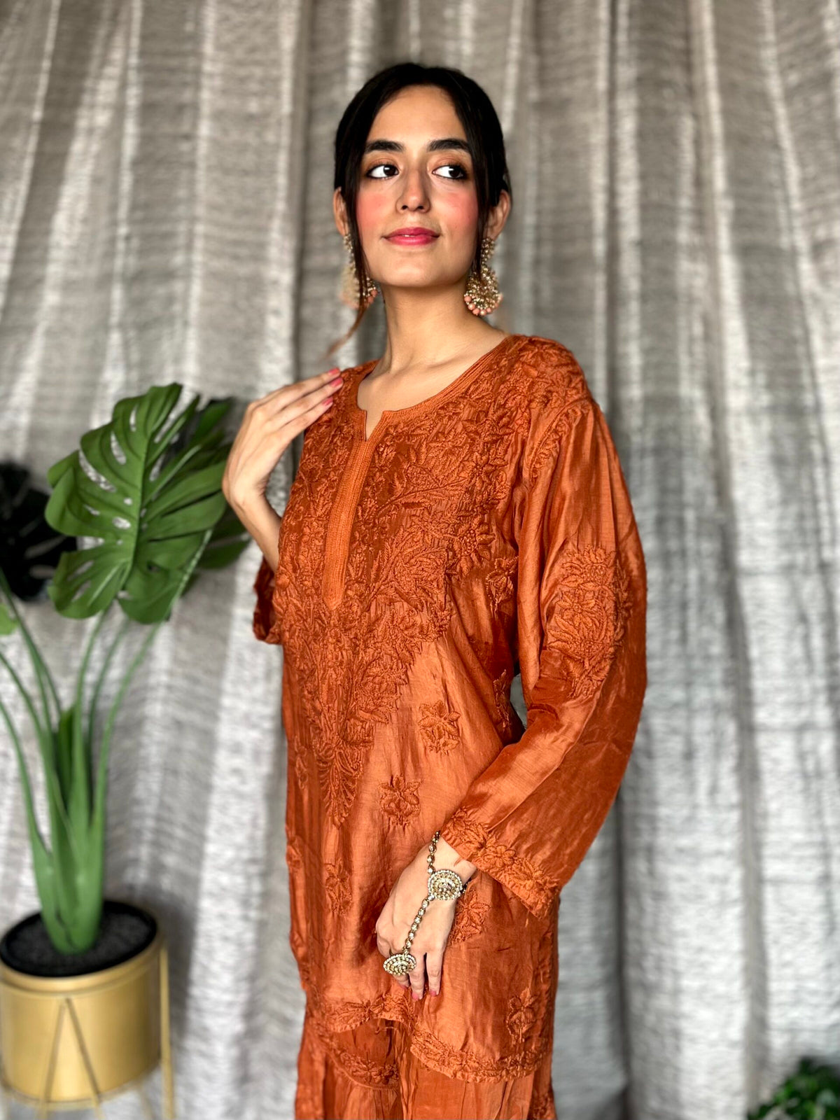 Luxurious LVW Fashion Pazeb Premium Silk Muslin Gharara Set with intricate Chikankari embroidery in natural light.