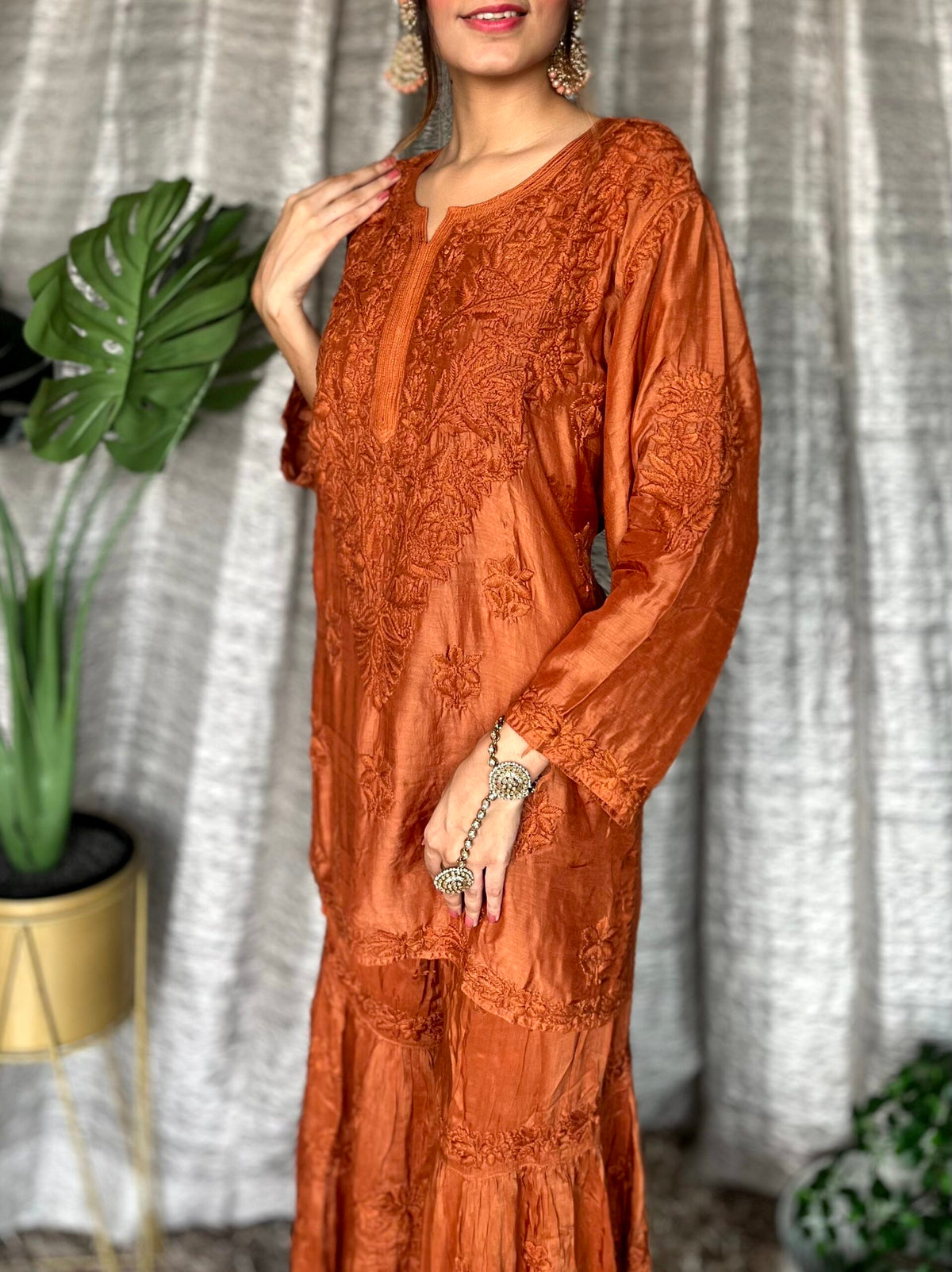 Luxurious Pazeb premium silk muslin Gharara set by LVW Fashion with intricate Chikankari embroidery, perfect for elegant traditional wear.