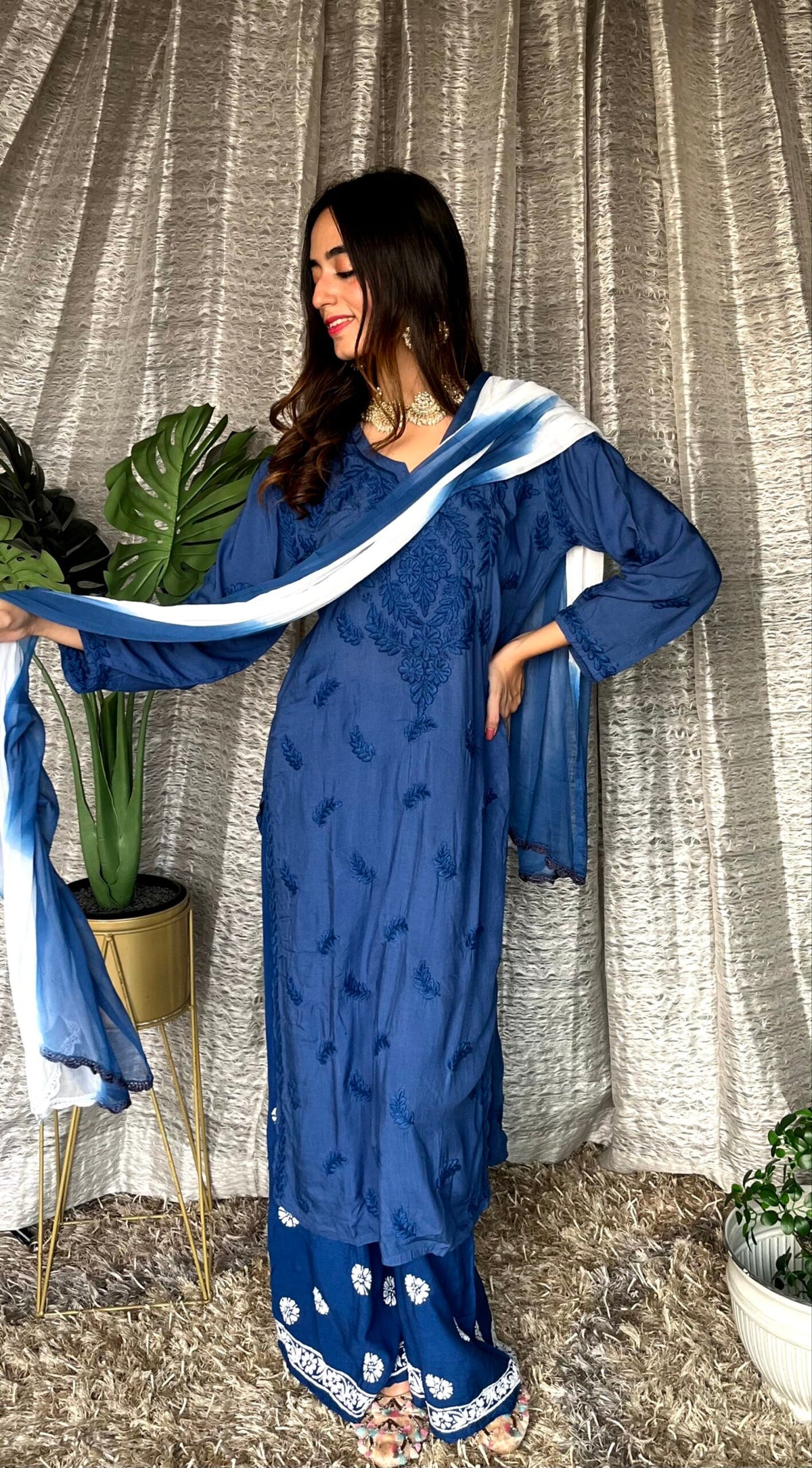 LVW Fashion Luxurious Chikankari Pazeb set with soft rayon fabric, beautiful blue and white plazzos, elegant traditional style