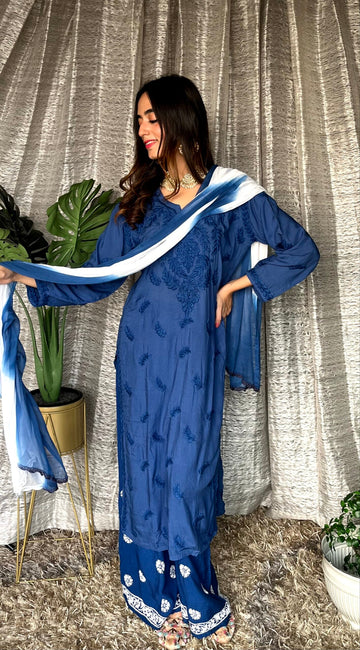 LVW Fashion Luxurious Chikankari Pazeb set with soft rayon fabric, beautiful blue and white plazzos, elegant traditional style