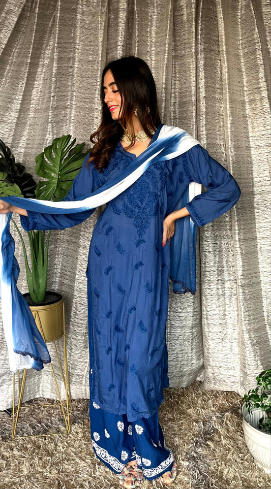 LVW Fashion Luxurious Chikankari Pazeb set with soft rayon fabric, beautiful blue and white plazzos, elegant traditional style