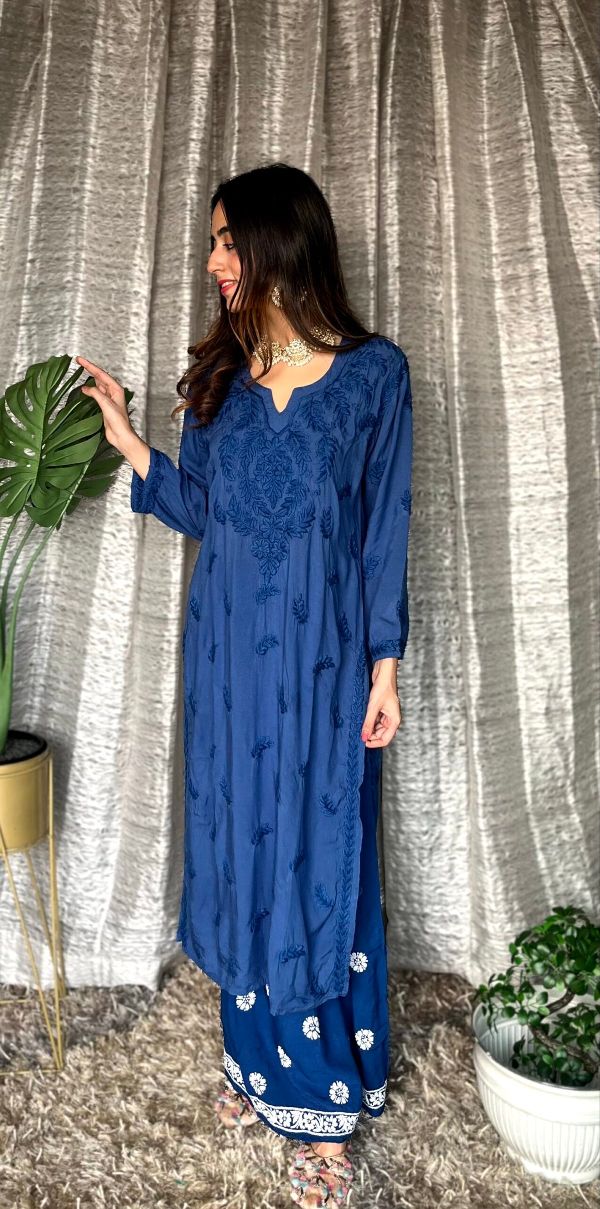 LVW Fashion Luxurious Chikankari Pazeb soft rayon plazzo set in beautiful blue and white, featuring intricate embroidery details.