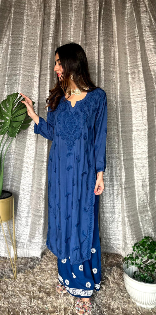 LVW Fashion Luxurious Chikankari Pazeb soft rayon plazzo set in beautiful blue and white, featuring intricate embroidery details.