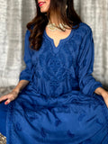 Soft Reyon Pazeb Plazzos Set by LVW Fashion in beautiful blue and white with intricate chikankari design, stylish and comfortable.