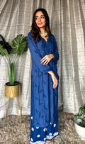 Blue and white Pazeb soft rayon plazzos set by LVW Fashion Luxurious Chikankari featuring intricate design and comfortable fit.