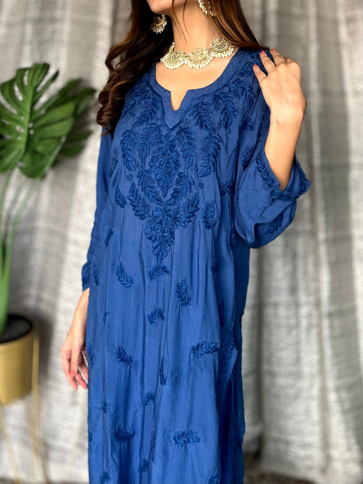 Soft rayon Pazeb set by LVW Fashion with beautiful blue and white plazzos, featuring luxurious chikankari embroidery.
