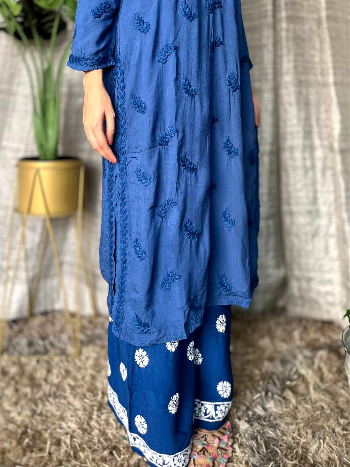 Soft rayon Pazeb set by LVW Fashion with beautiful blue and white plazzos and chikankari detailing, stylish and comfortable for women.