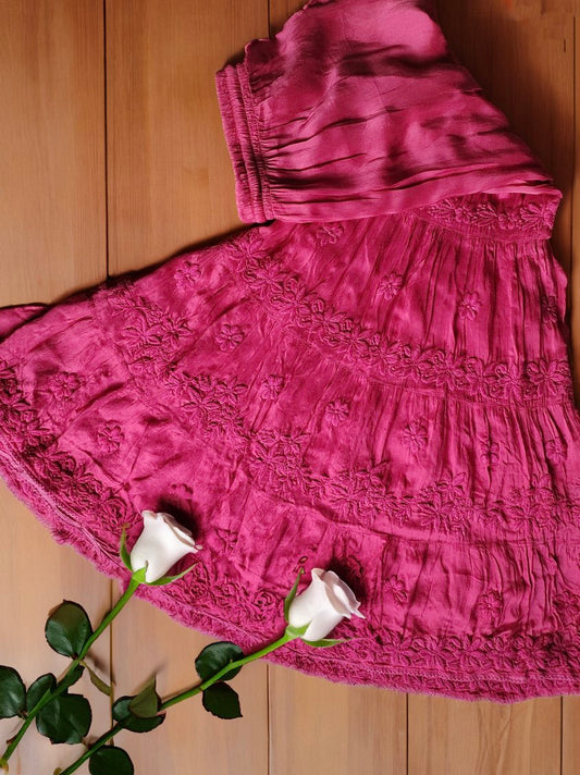 A luxurious Tyrian Shade silk Chikankari Kurti Gharara set by LVW Fashion, featuring intricate embroidery and a traditional design.