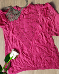 A luxurious Tyrian shade silk Chikankari Kurti Gharara set by LVW Fashion, featuring intricate embroidery and traditional design.