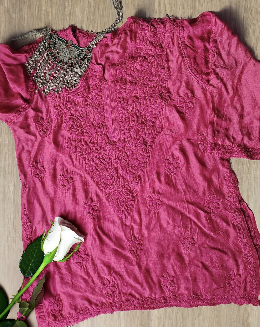 A luxurious Tyrian shade silk Chikankari Kurti Gharara set by LVW Fashion, featuring intricate embroidery and traditional design.
