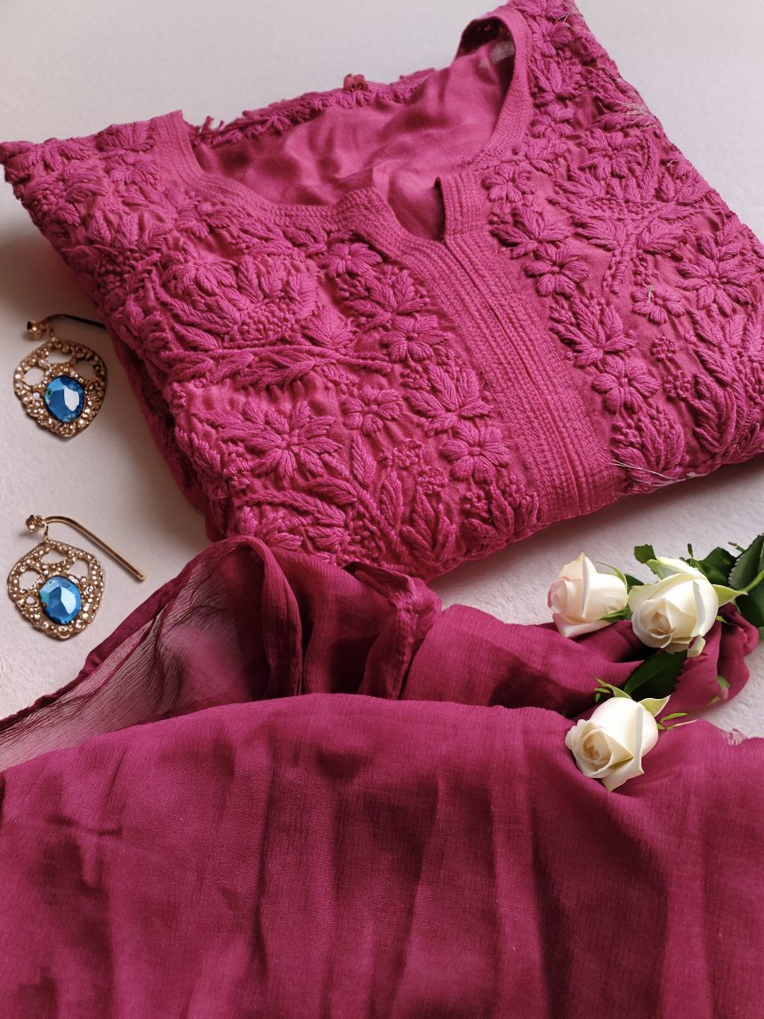 A luxurious Tyrian Shade premium silk Chikankari Kurti and Gharara set by LVW Fashion, showcasing intricate embroidery and traditional style.
