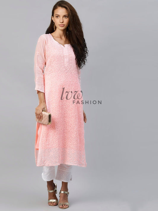 Elegant LVW Fashion Georgette Kurta with intricate Chikankari embroidery in soft shades, showcasing detailed craftsmanship.