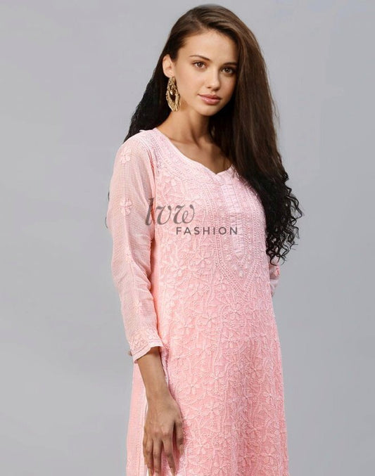 Elegant LVW Fashion premium georgette kurta with intricate chikankari embroidery in soft shades, perfect for stylish traditional wear.