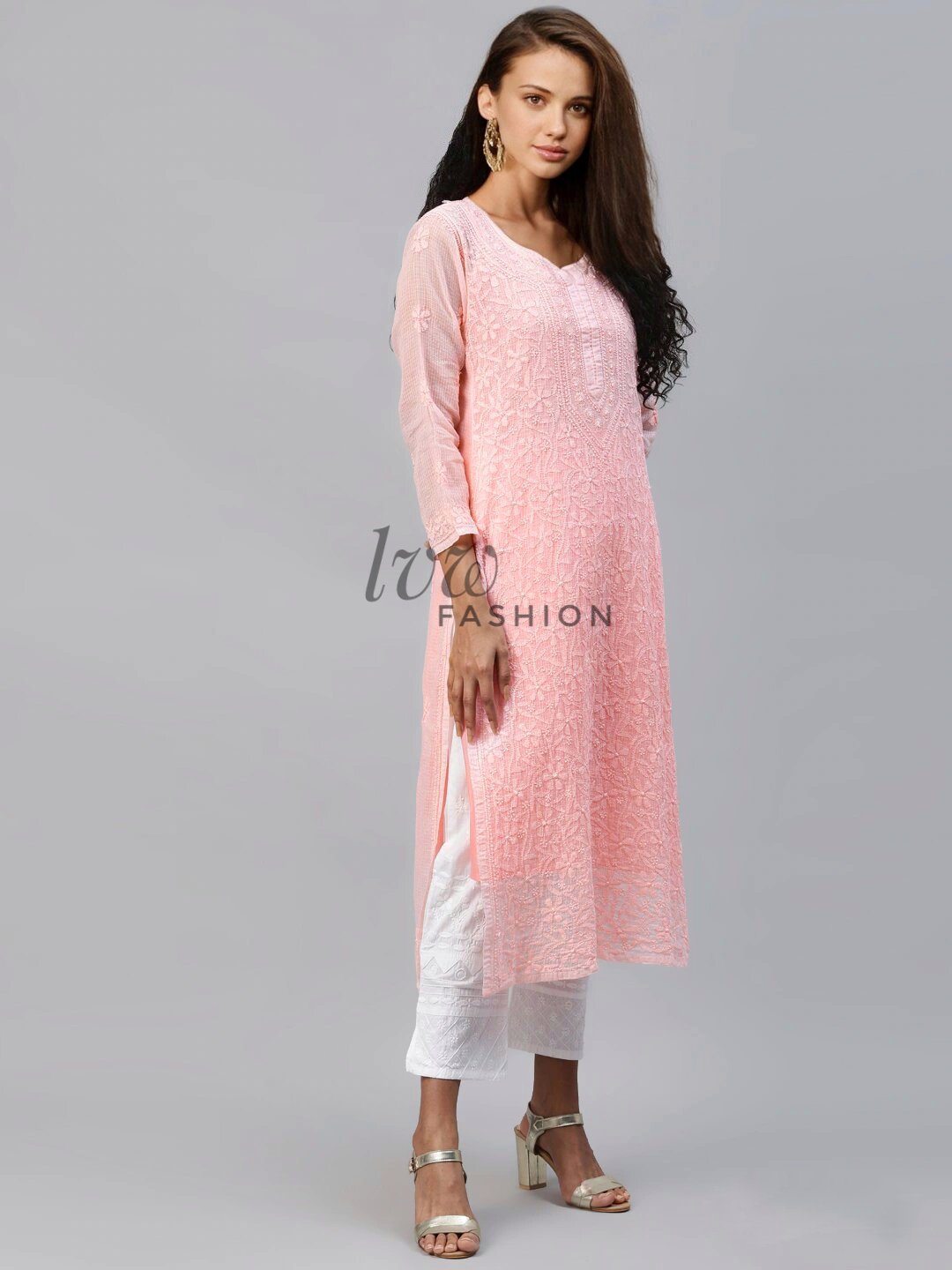 Elegant LVW Fashion premium georgette kurta with intricate chikankari embroidery in shades, showcased on a model.