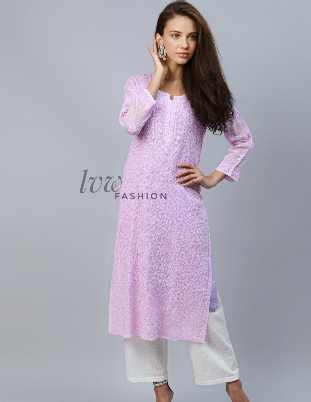 Elegant LVW Fashion premium georgette kurta with intricate chikankari embroidery in subtle shades, showcasing detailed craftsmanship.