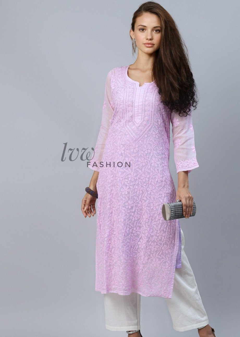 Elegant LVW Fashion premium georgette kurta with intricate chikankari embroidery in soft shades, perfect for traditional or casual wear.