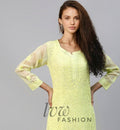 Elegant LVW Fashion premium georgette kurta with intricate Chikankari embroidery in soft shades, showcased on a model.